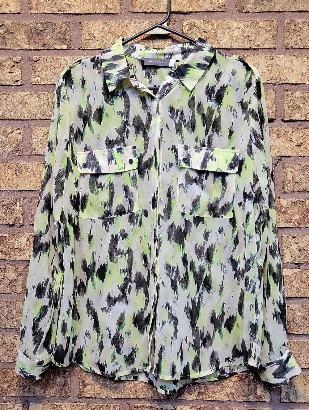 Mint Velvet Abstract Camo Button Down Blouse Size 10 Lightweight Contemporary